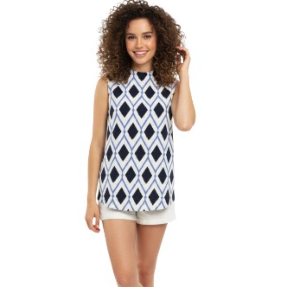 Talbots White Diamond Geometric Print Mock Neck Sleeveless Knit Top EUC